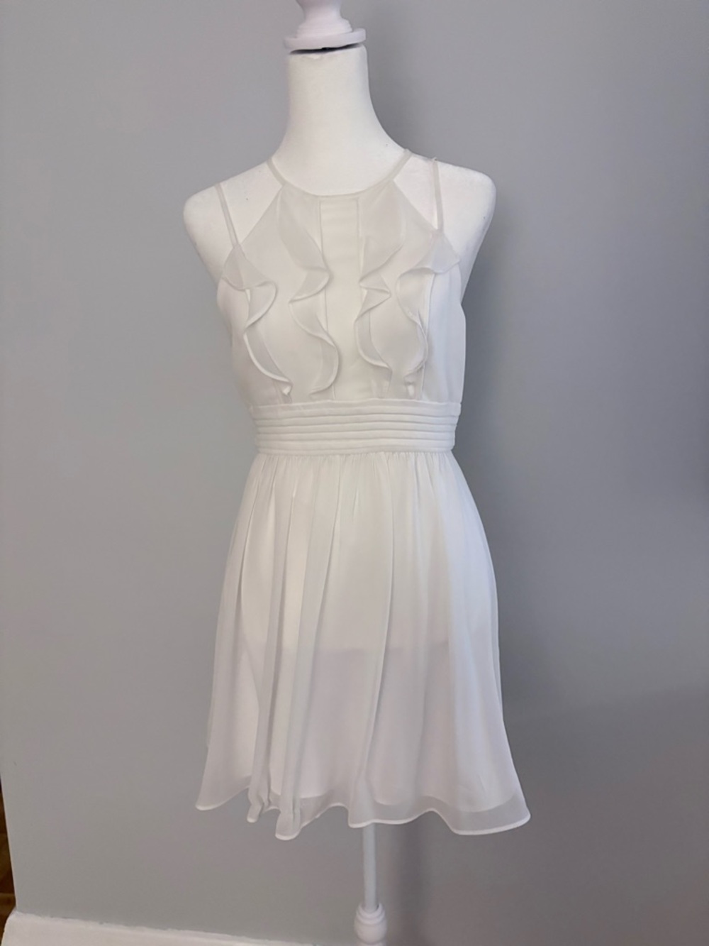 BCBG White Halter Ruffle Waistband Mini Dress